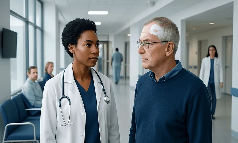 Doctor and patient having a consultation in a hospital corridor.