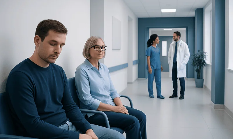 Patients waiting in a hospital corridor with medical staff in the background.