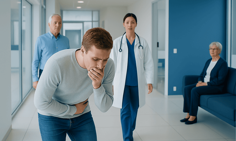 Young man experiencing nausea in hospital corridor with medical staff and patient.