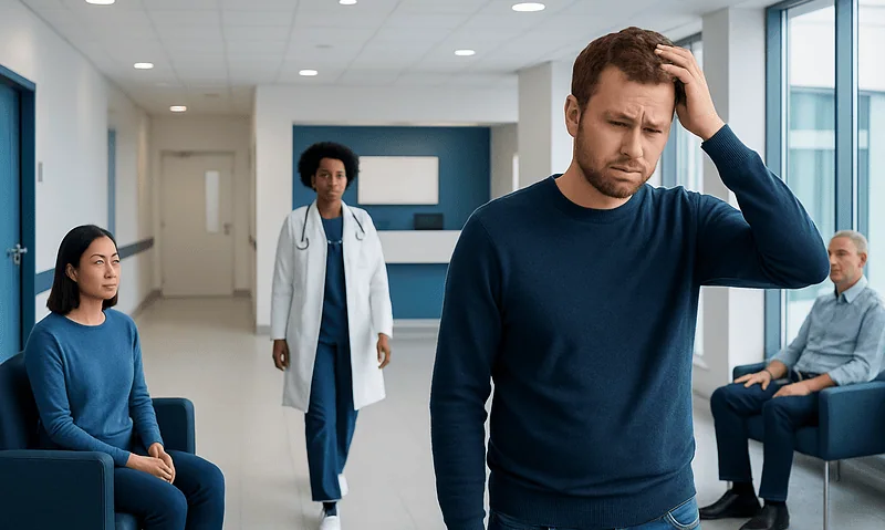 Man with headache in hospital waiting area with medical staff and patients.
