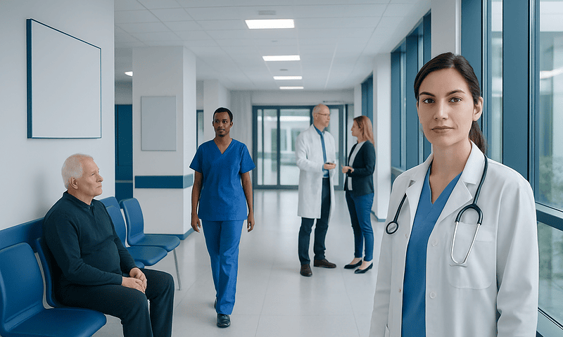 Healthcare professionals and patient in a hospital corridor.
