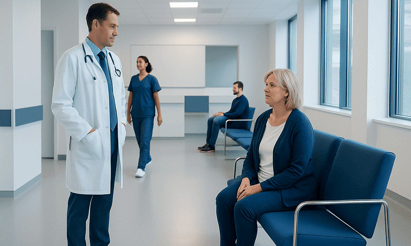 Doctor consulting with a senior woman patient in a hospital corridor.