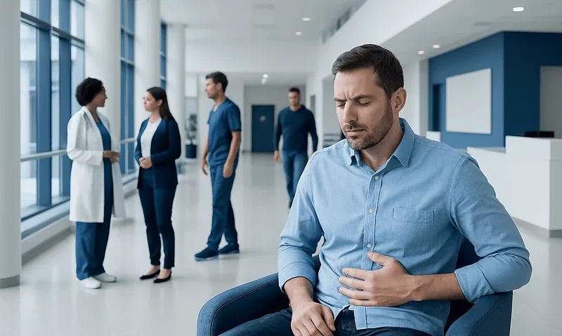 Man experiencing stomach pain in a hospital corridor with medical staff nearby.