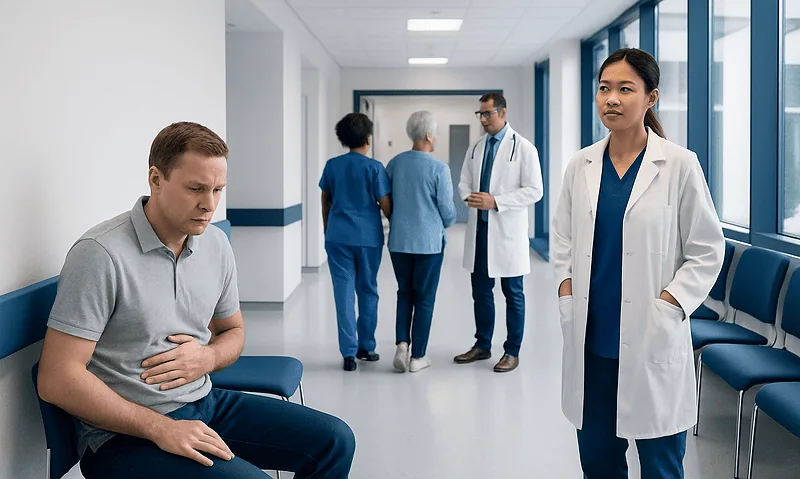 Patient experiencing stomach pain in hospital corridor with medical staff nearby.