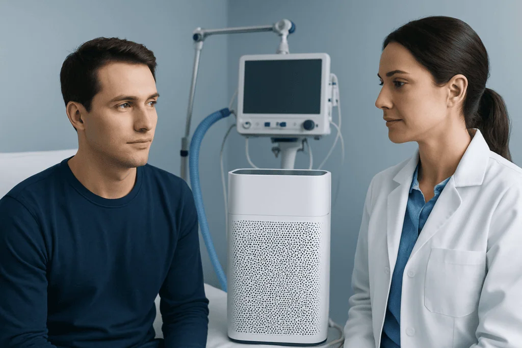 Doctor explaining air purifier benefits to patient in hospital room.