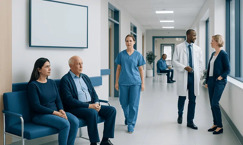 Patients waiting in a hospital corridor with medical staff nearby.