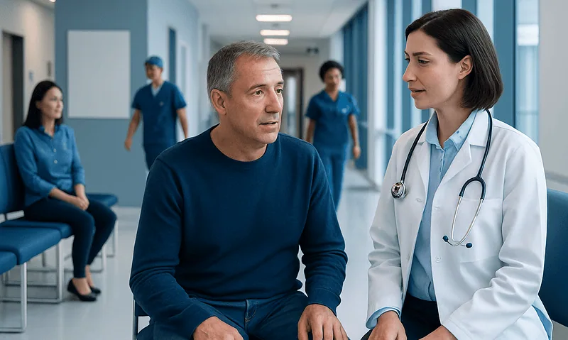 Dysarthria — Explained by Medical Evidence, Not Myths 3 Doctor consulting a middle-aged male patient in hospital corridor.