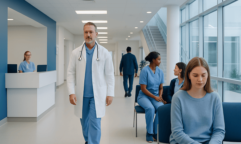 Dyscalculia — Explained by Medical Evidence, Not Myths 7 Medical team and patients in a modern hospital corridor.