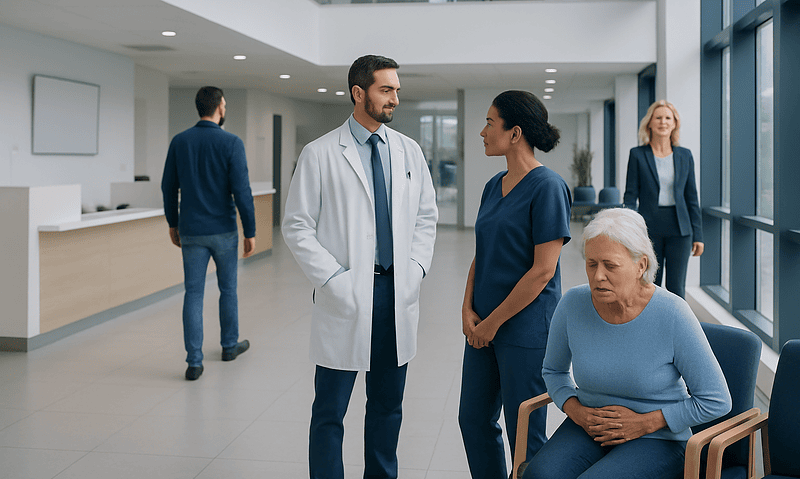 Medical professionals and patient in hospital lobby for Dyschezia overview.
