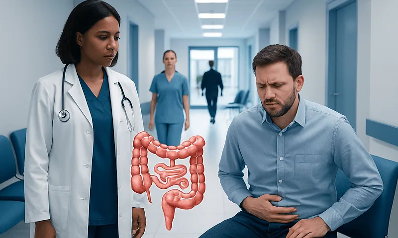 Dysentery: Common Causes, Warning Signs, and When to Worry 12 Patient with abdominal pain in hospital corridor with doctor and medical staff.
