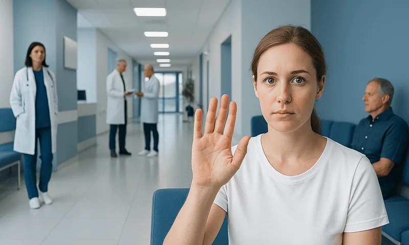 Young woman in hospital waiting area raising her hand for help or attention.