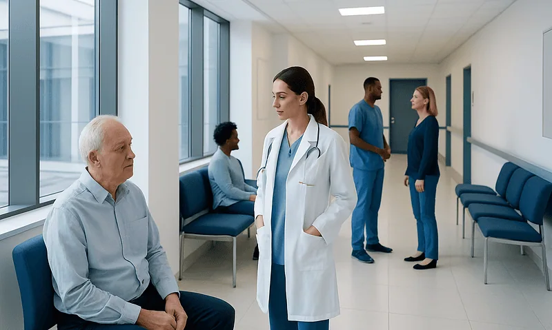 Healthcare professionals consulting with a patient in a hospital corridor.