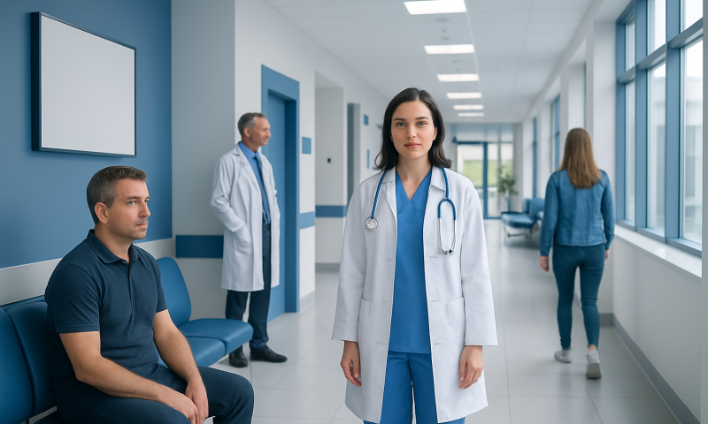Medical professionals in a hospital corridor with a female doctor in focus.