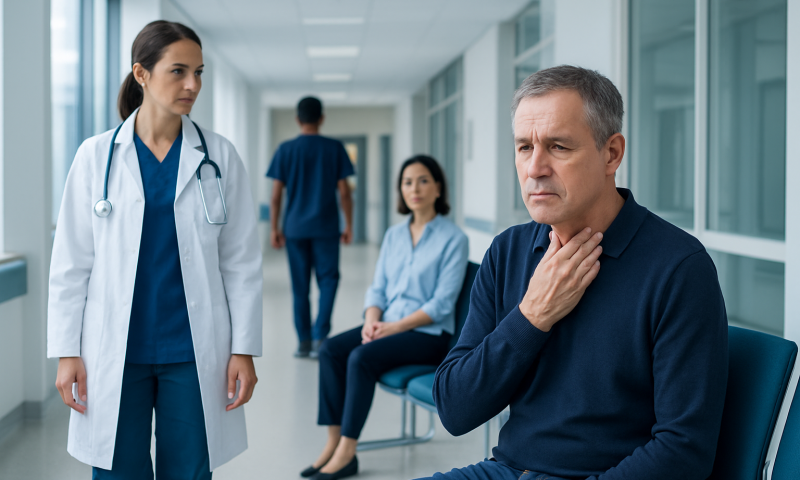 Patient experiencing throat discomfort in hospital corridor with medical staff nearby.