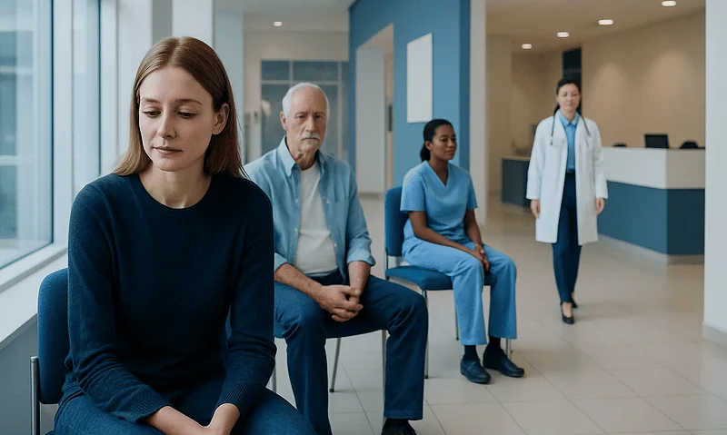 Patients waiting in a hospital corridor for medical consultation.