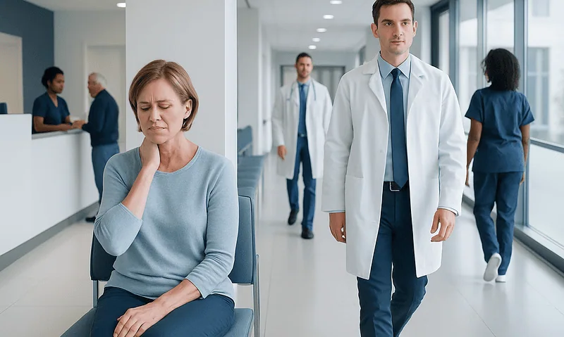 Patient experiencing neck pain in hospital corridor with medical staff nearby.
