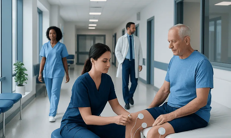 Medical professionals examine a patient in a hospital corridor.