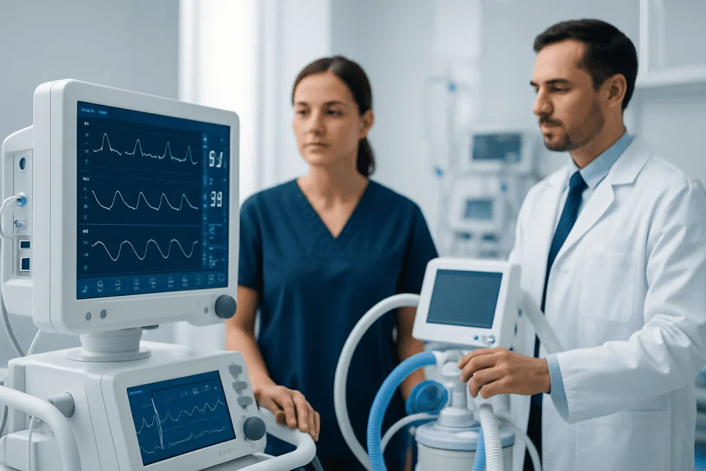 Medical professionals monitoring patient vital signs in a hospital setting.
