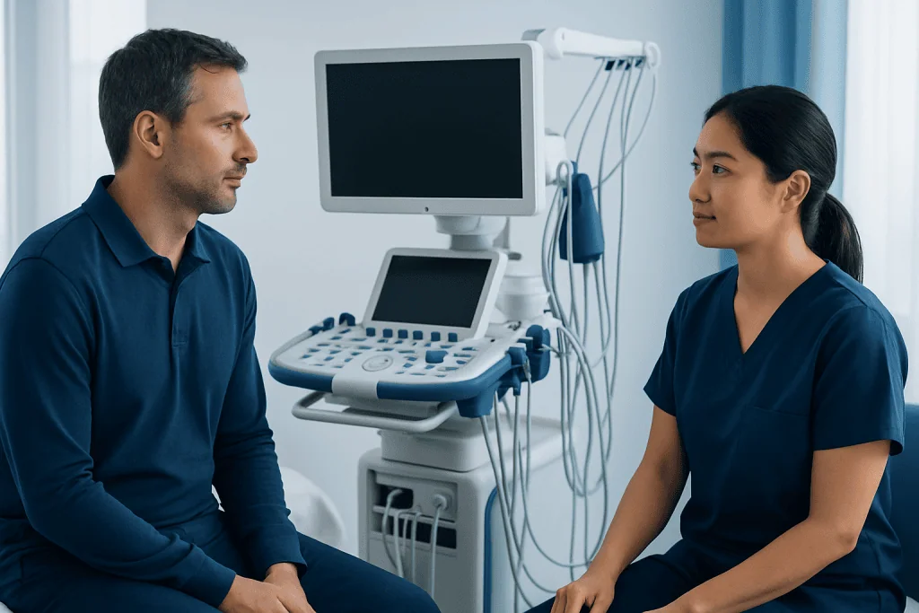 Doctor and patient in a medical consultation room with ultrasound equipment.
