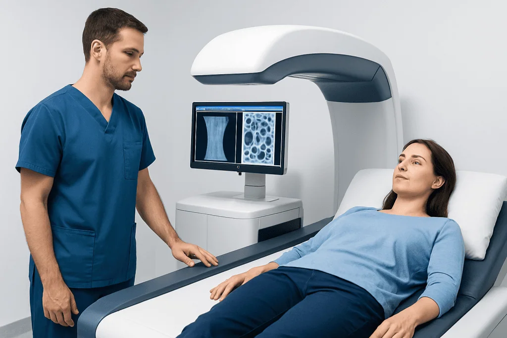 Patient undergoing bone density scan at Acibadem Hospital.
