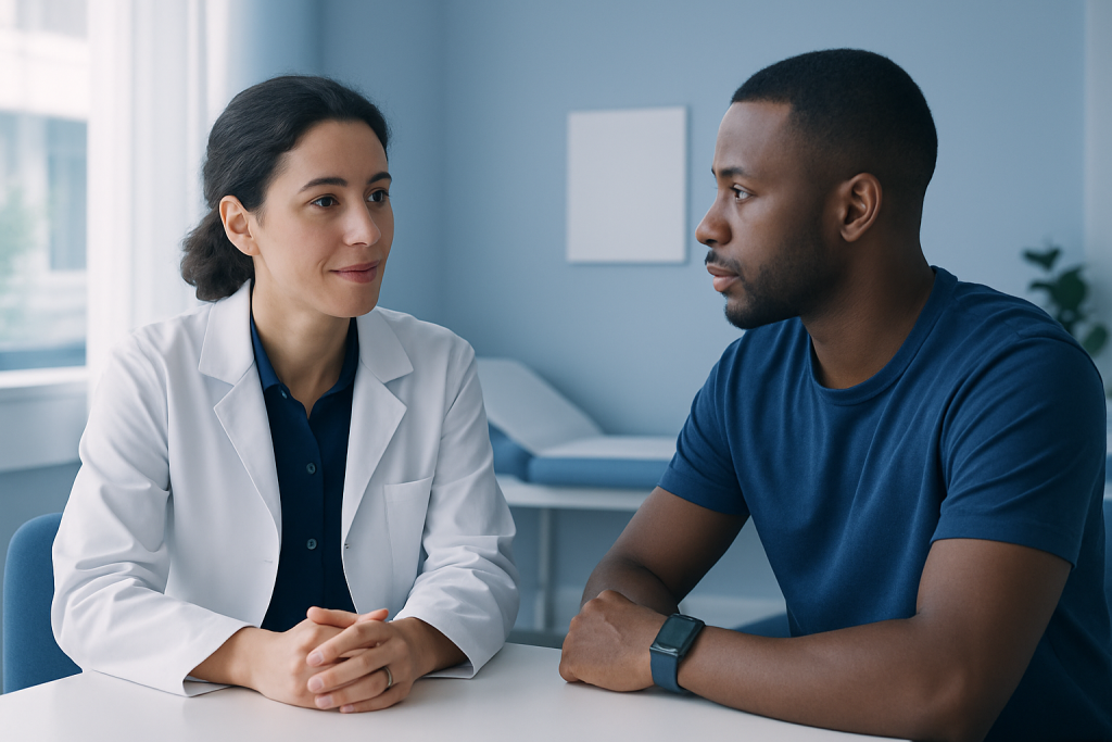 Doctor consulting with a patient in a medical office setting.