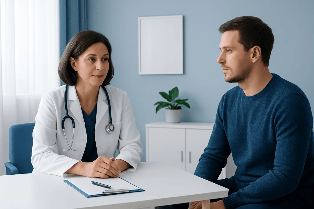 Doctor consulting with a patient in a medical office setting.