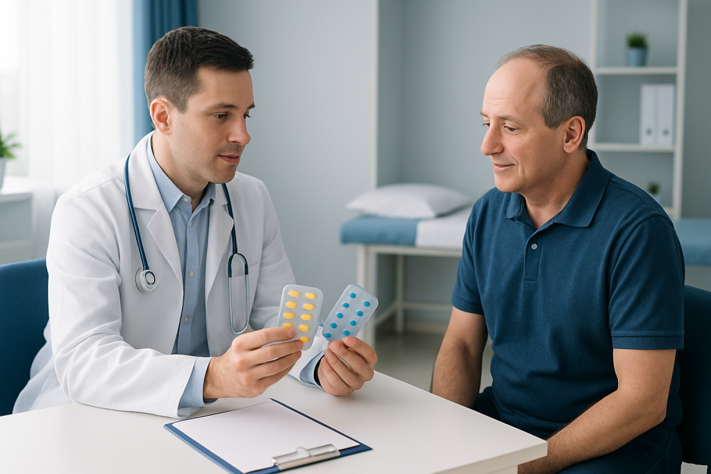 Doctor explaining medication options to a patient in a clinic setting.