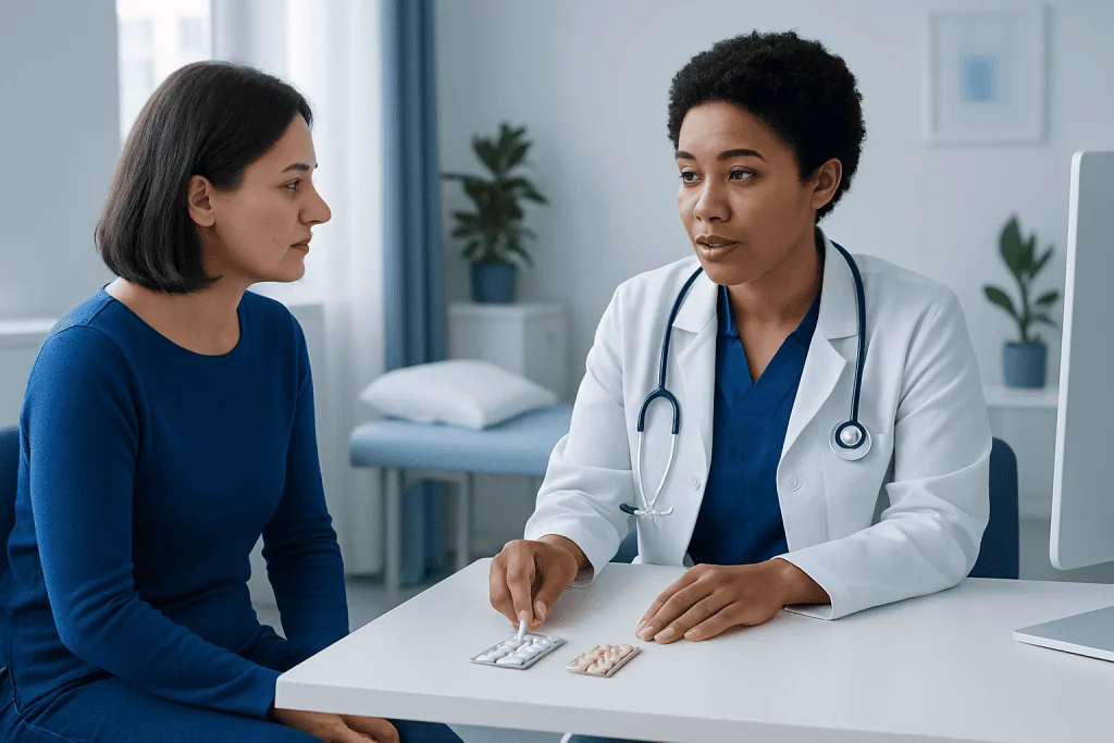 Doctor consulting with a patient in a modern hospital room.