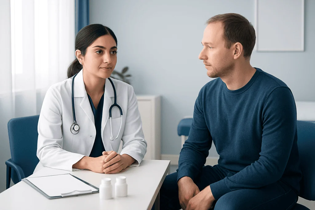 Doctor consulting with male patient in a medical office setting.