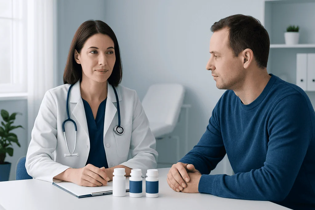 Doctor consulting with patient about allergy medications in a clinic setting.