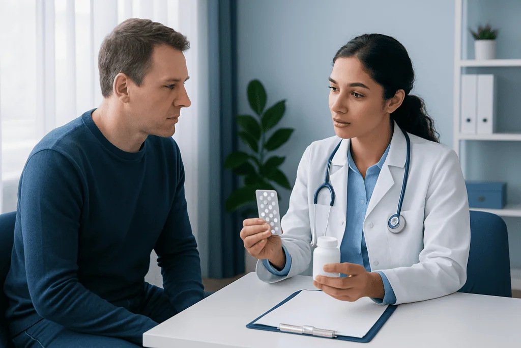 Doctor explaining medication options to a patient in a clinic setting.