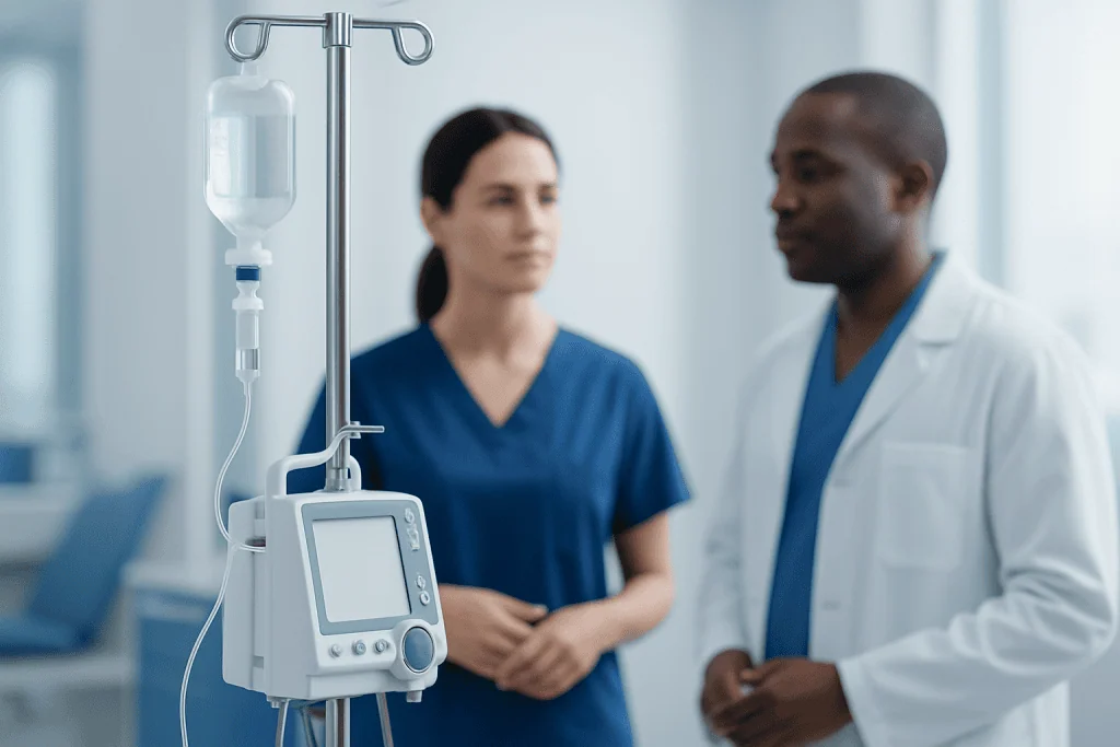 Medical professionals discussing patient care in hospital setting.