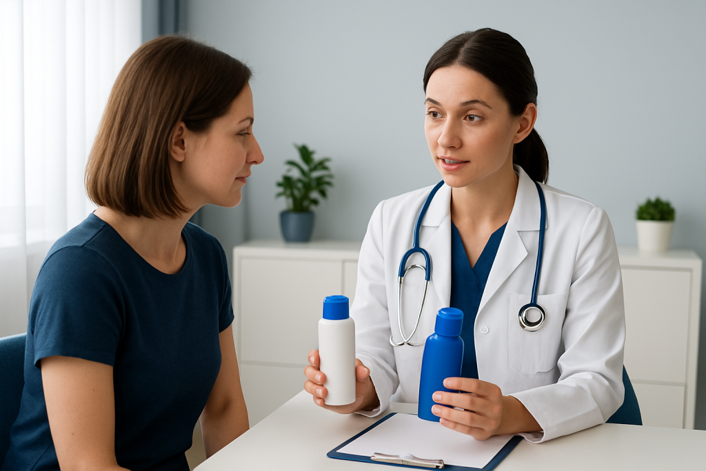 Doctor explaining sunblock and sunscreen differences to patient.