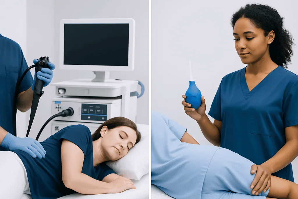 Medical professionals perform colonoscopy and enema procedures in a clinical setting.