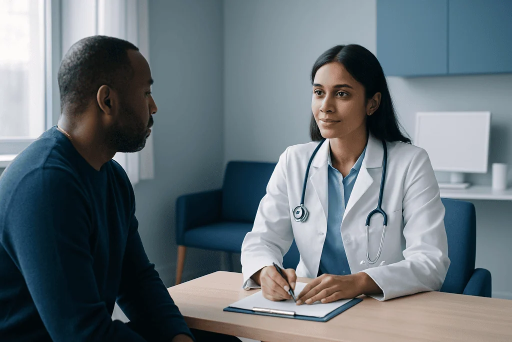 Doctor consulting with patient in a modern medical office setting.