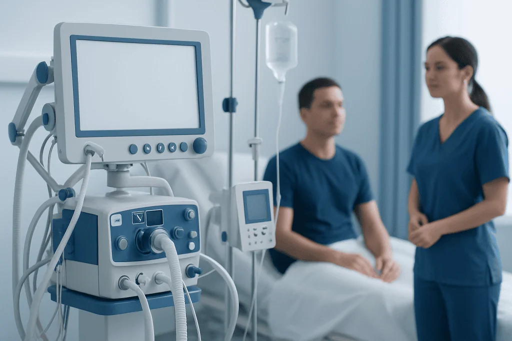 Medical ventilator and healthcare professionals in hospital room.