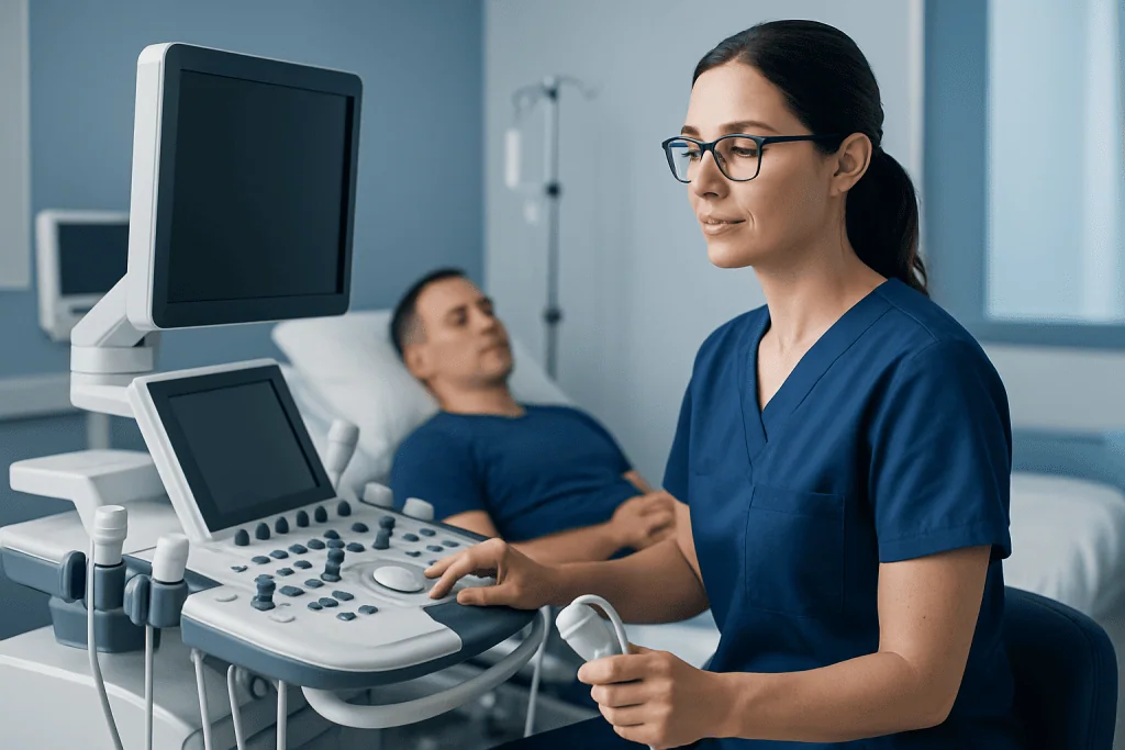 Medical professional performing ultrasound examination on patient in hospital.