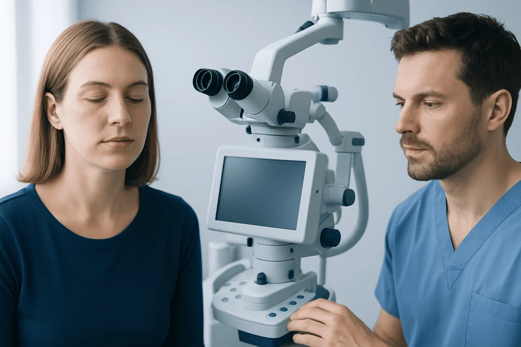 Doctor examining patient with medical equipment in a clinical setting.