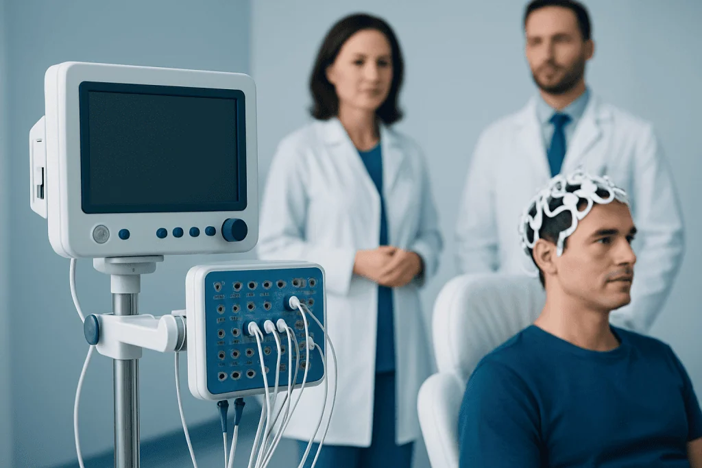 Medical professionals conducting a neurological examination with EEG equipment.