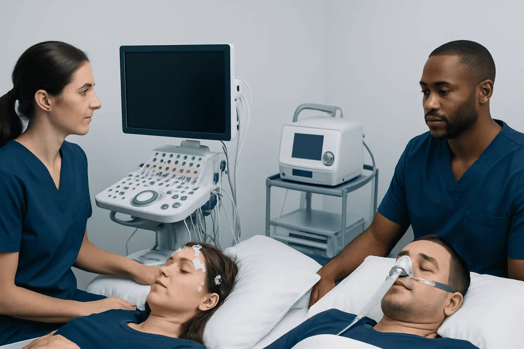 Medical professionals conducting a sleep study in a hospital setting.