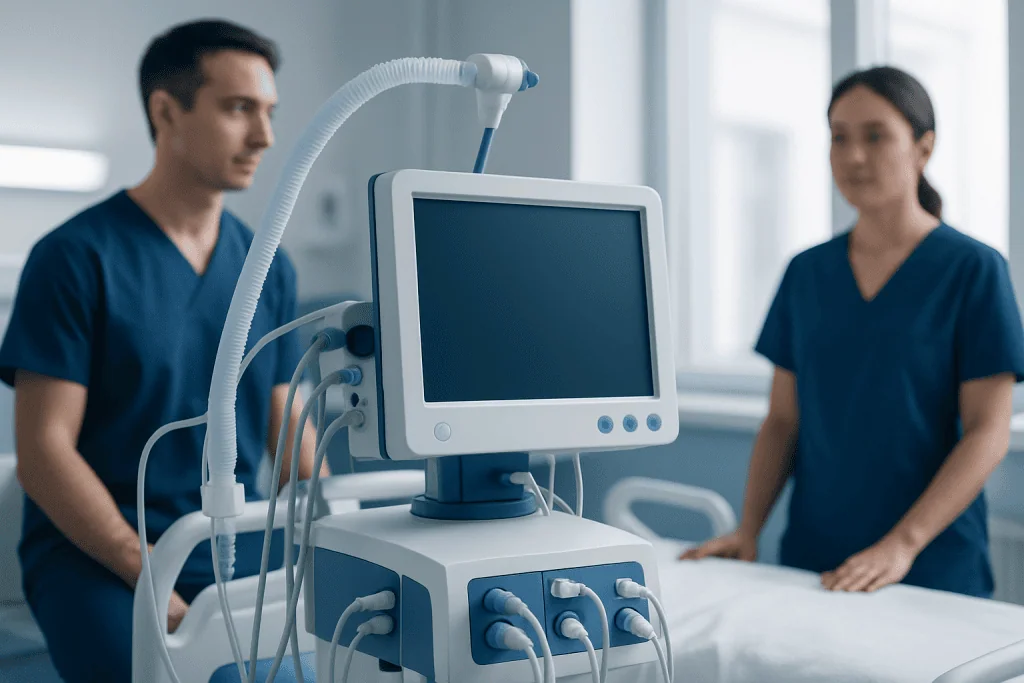 Medical professionals using ventilator in hospital room.