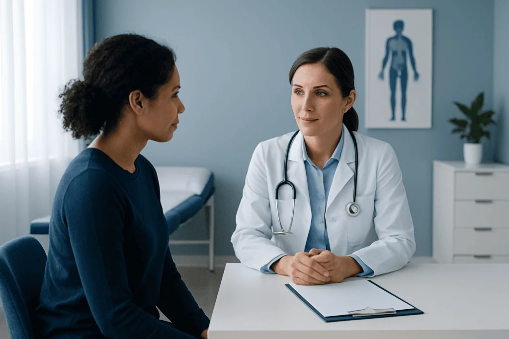 Doctor consulting with patient in a medical office setting.