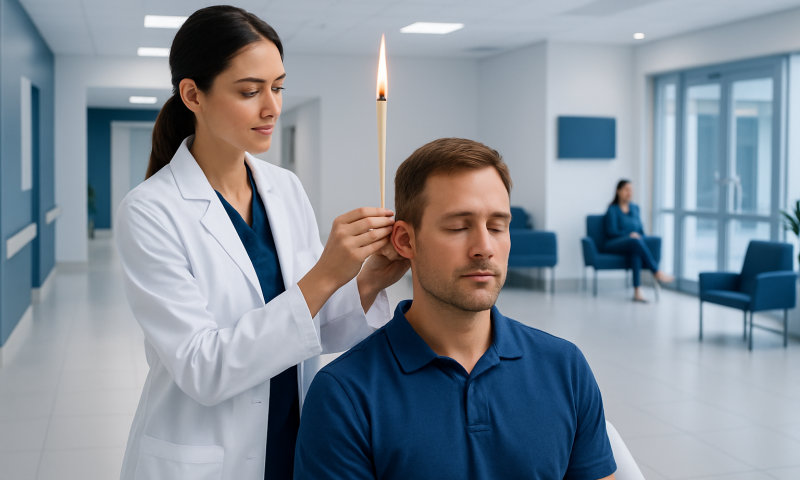 Medical professional performs ear candling on patient in clinic setting.