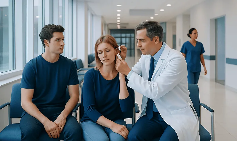 Doctor examining a young woman's ear in a hospital corridor.