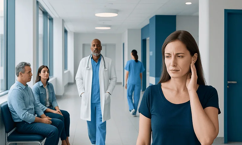 Woman experiencing ear discomfort in a hospital corridor with medical staff nearby.