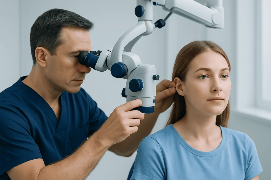 ENT specialist examining a young woman's ear with a microscope.