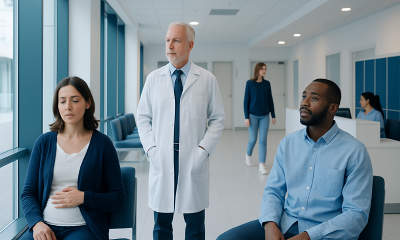 Doctor consulting with patients in a hospital corridor.