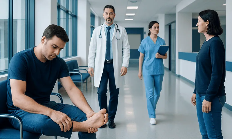 Medical consultation at Acibadem Hospital with doctor and patient in hallway.