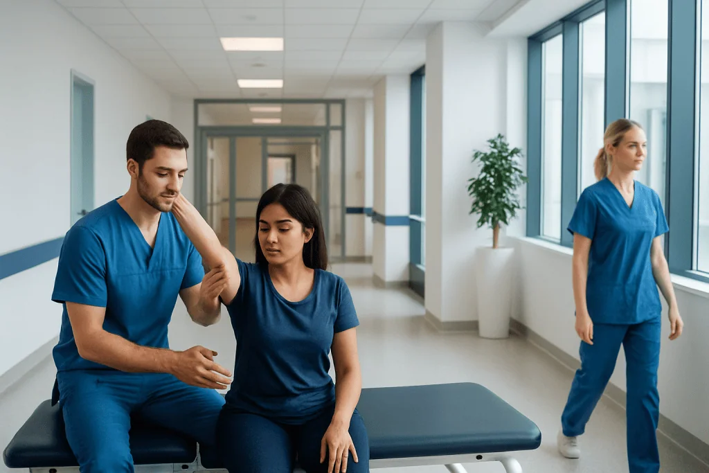 Eccentric Exercise: An Evidence-Based Guide for Patients 1 Physical therapy session with healthcare professionals in a hospital corridor.