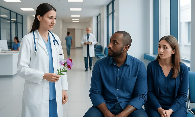 Healthcare professional discussing with patients in hospital corridor.